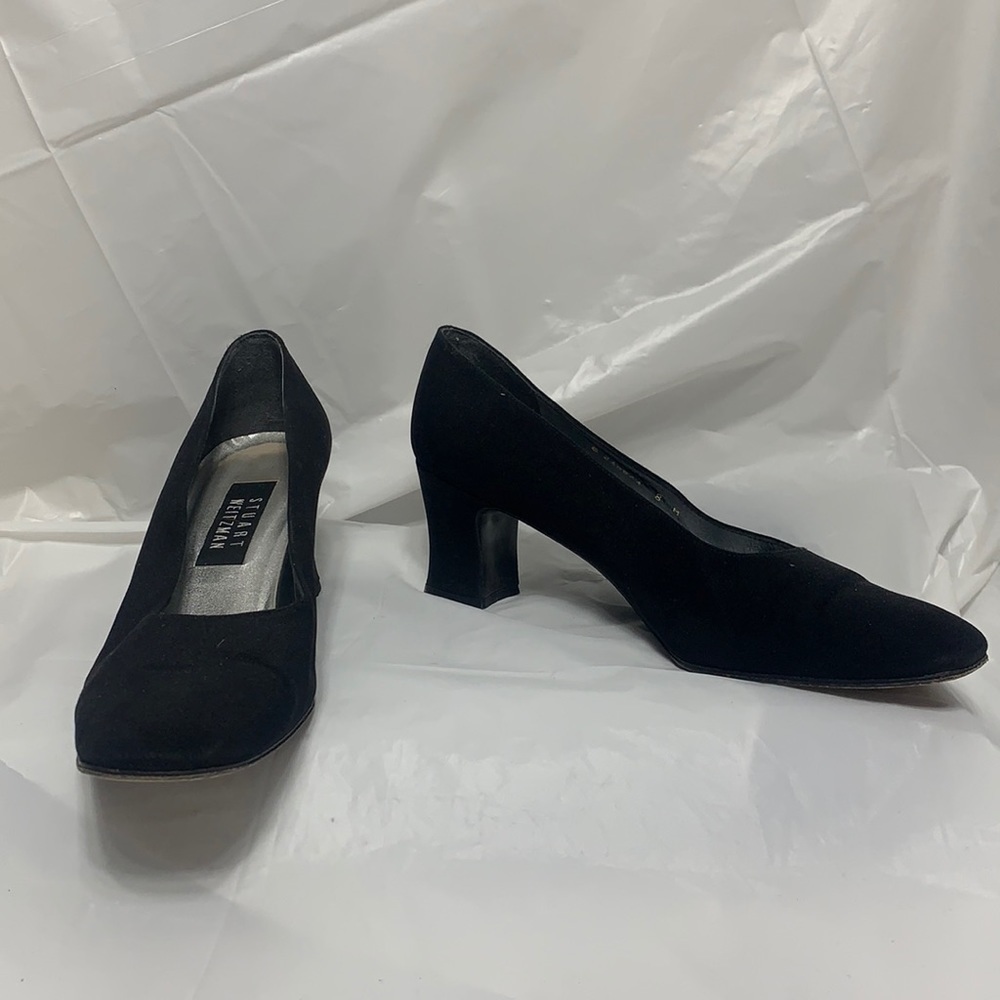 VINTAGE Stuart Weitzman Black Fabric Square Toe Slip On Heels Women’s Sz 8M